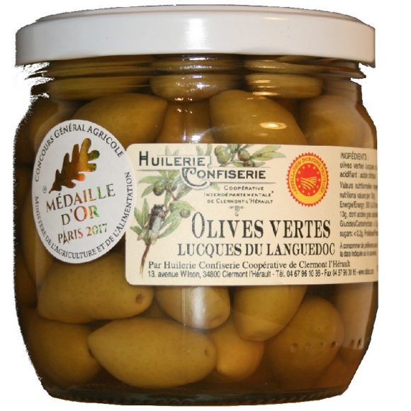 Olives vertes AOP Lucques du Languedoc - Confiserie Coopérative de Clermont-l'Hérault Bocal 200g net égoutté avec logo jaune et rouge de l'AOP