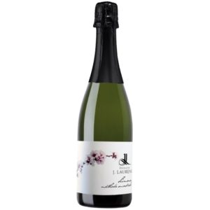 Ancestrale AOC Limoux méthode ancestrale Domaine J. Laurens robe or pâle typique de l’appellation, belle transparence, étiquette fleur d'amandier, date mise en boutielle