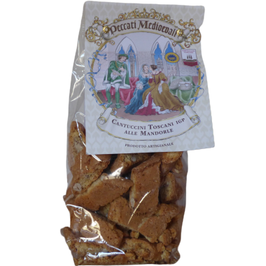 Cantuccini Toscani IGP alle Mandorle, Peccati Medioevali Pâtisserie traditionnelle italienne, au bon goût d'amande. Pâte composée de farine de froment, d'amandes douces naturelles entières et non pelées, de sucre, d'œufs, de beurre et de miel. Cette pâte est ensuite cuite au four et découpée dans sa forme traditionnelle caractéristique semi-ovale.