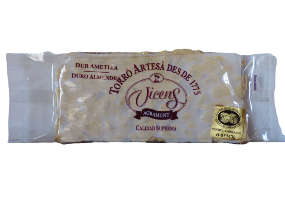 Nougat aux amandes IGP Torro d'Agramunt Vicens, touron artisanal, de qualité supérieure, très riche en amandes 60% et en miel 10% Denominacion de origen