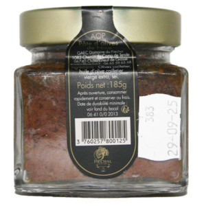 Pâte d'olive de Nice AOP ne contenant que des olives de Nice AOP et un peu d'huile d'olive de Nice AOP. Onctueuse sans excès, très douce au bon goût d'olive