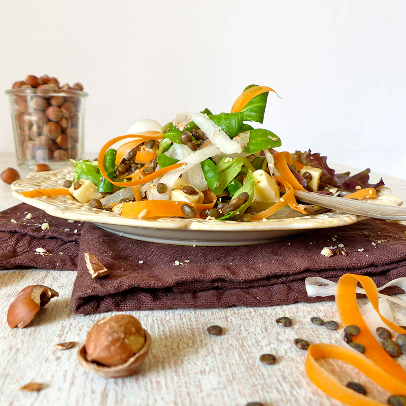 salade de lentilles vertes bio, mesclun, tagliatelles de carotte et de radis noir, noisette et Tomme de brebis