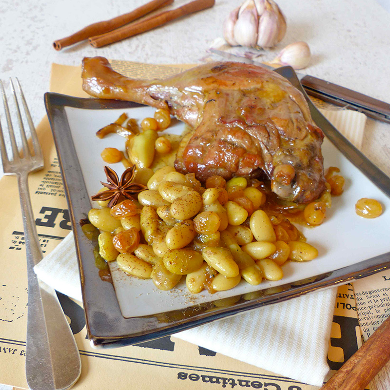 Tajine de mogette de Vendée et cuisses de canard aux épices douces
