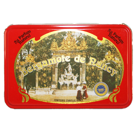Bergamote de Nancy IGP et Label Rouge, bonbon de Lorraine à la bergamote, texture cassante et couleur ambrée. Délice à partager ! Belle boite metallique.