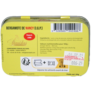 Bergamote de Nancy IGP et Label Rouge, bonbon de Lorraine à la bergamote, texture cassante et couleur ambrée. Délice à partager ! Belle boite metallique.