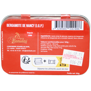 Bergamote de Nancy IGP et Label Rouge, bonbon de Lorraine à la bergamote, texture cassante et couleur ambrée. Délice à partager ! Belle boite metallique.