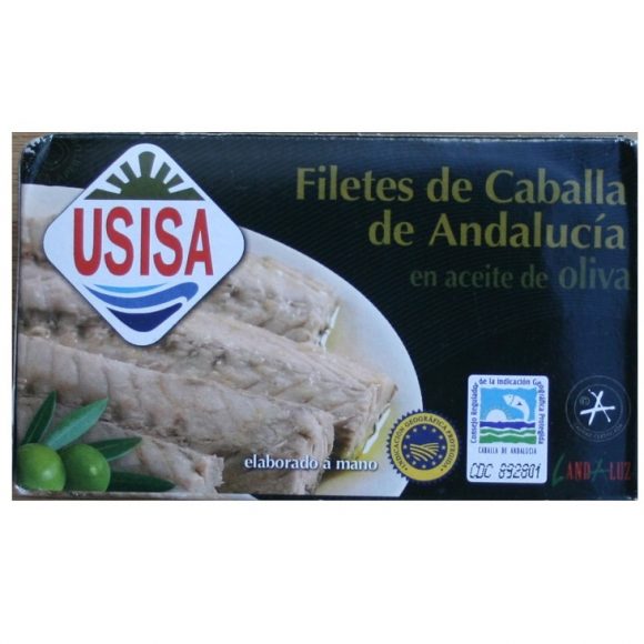 maquereaux d'Andalousie IGP Caballa de Andalucia en filets à l'huile d'olive USISA – boite métallique avec suremballage carton