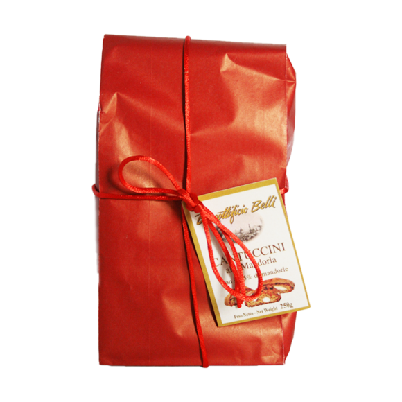 Cantuccini toscani IGP croquants aux amandes et au miel italiens. Spécialité toscane amandes 25%, miel et beurre de qualité supérieure. Prado Belli en sachet craft