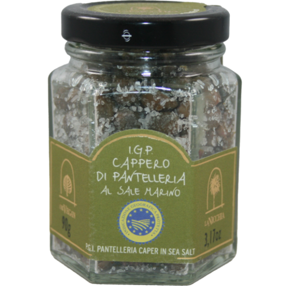 Câpres IGP cappero di Pantelleria IGP au sel marin. Câpres conservées dans du sel, spécialité sicilienne. Producteurs locaux, bourgeons au parfum intense et délicat.