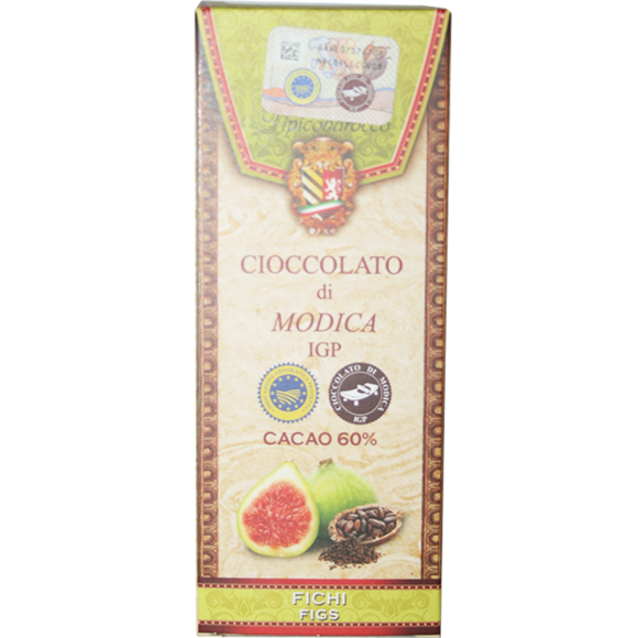 Chocolat de Modica IGP à la figue, artisanal non conché. Texture sableuse, cristaux de sucre, chocolat de qualité 50% cacao