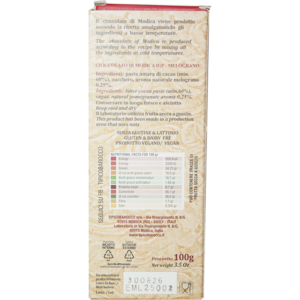 Chocolat de Modica IGP à la grenade, artisanal non conché. Texture sableuse, cristaux de sucre, chocolat de qualité 50% cacao