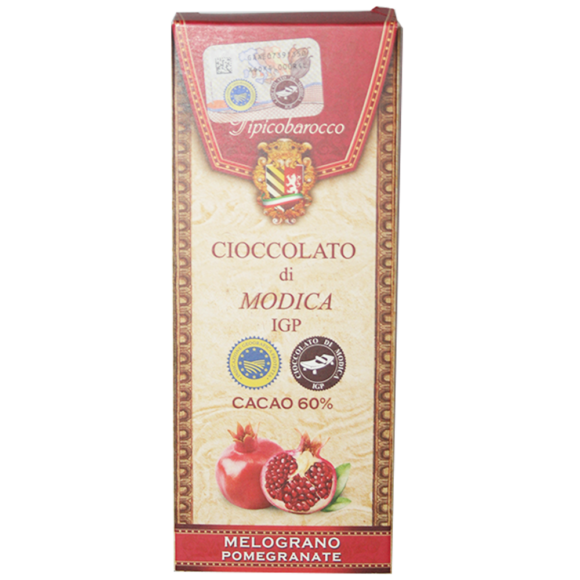 Chocolat de Modica IGP à la grenade, artisanal non conché. Texture sableuse, cristaux de sucre, chocolat de qualité 50% cacao