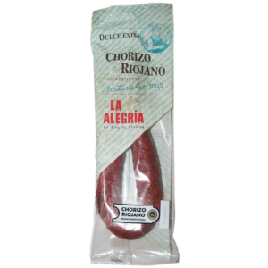 chorizo Riojano IGP dulce embossé dans du boyau naturel. Viande de porc, paprika, ail et sel. Arôme doux légèrement sucré. Coupe nette, grain régulier.