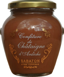 confiture de châtaignes d'Ardèche AOP Sabaton, fabriqué à Aubenas, recette traditionnelle dans joli pot de verre sérigraphié