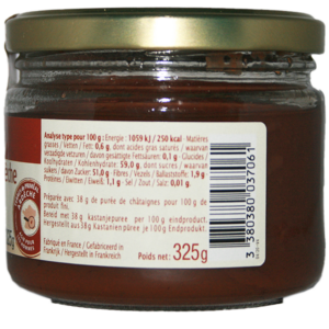 crème de châtaignes d'Ardèche AOP vanillée Priméal dans un joli bocal en verre. Recette de crème de marrons aux chataignes d'ardèche avec un parfum vanillé.