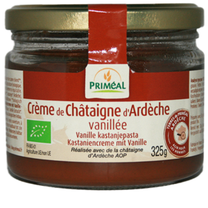 crème de châtaigne d'Ardèche AOP vanillée Priméal dans un joli bocal en verre. Recette de crème de marrons aux chataignes d'ardèche avec un parfum vanillé. Bio et commerce équitable