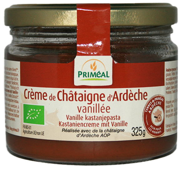 crème de châtaigne d'Ardèche AOP vanillée Priméal dans un joli bocal en verre. Recette de crème de marrons aux chataignes d'ardèche avec un parfum vanillé. Bio et commerce équitable