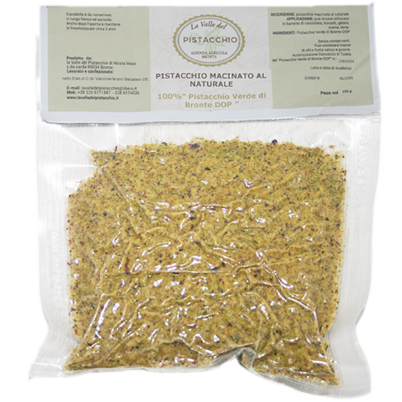 Farine de pistache AOP pistache verte de Bronte (100% pistache de Bronte). Produit en Sicile, couleur vert vif et saveur intense, parfait pour la confiserie