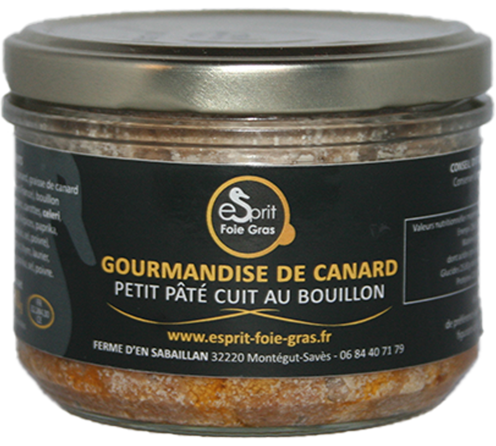 Petit pâté de canard cuit au bouillon - Gourmandise de canard à foie gras du Sud Ouest IGP. Effiloché à la main façon rillettes. 100% viande de Canard à foie gras du Sud Ouest IGP.