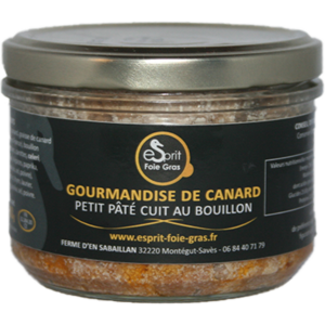Petit pâté de canard cuit au bouillon - Gourmandise de canard à foie gras du Sud Ouest IGP. Effiloché à la main façon rillettes. 100% viande de Canard à foie gras du Sud Ouest IGP.
