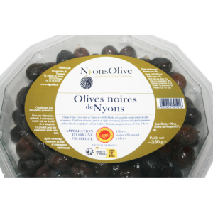 grosses olives noires de Nyons AOP Bio. Tanche, chair douce et fruitée, goût d'olive mûre, couleur "bure de moine", peau fripée, fine