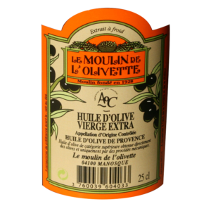 huile d’olive de Provence AOC étiquette Moulin de l'olivette coopérative oléicole de Manosque