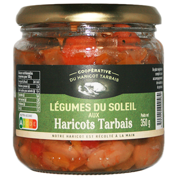 Les légumes du soleil aux haricots tarbais IGP : courgettes, aubergines, tomate, oignons, poivrons. Saveurs méditerranéennes. Production locale.