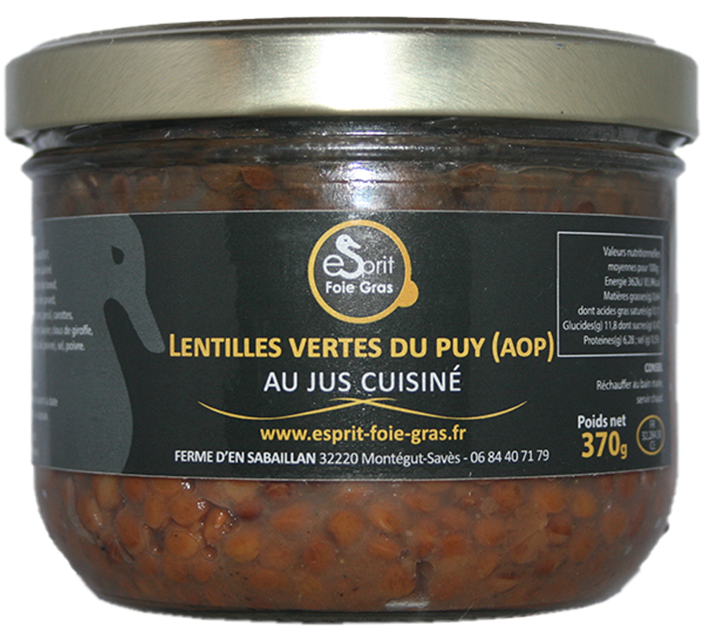 lentilles vertes du Puy AOP au jus cuisiné. Peau fine, non farineuses, cuisinées au jus de viande. parfait pour accompagné un confit de canard