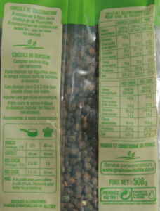 lentilles vertes Bio Origine France marque Grain de Vitalité - valeurs nutritionnelles