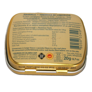 Liquirizia di Calabria DOP, reglisse italienne. Produit en Calabre, petit bonbon concentrés en réglisse présentés dans une belle boite métallique.