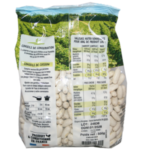 mogette de Vendée IGP et Bio, sachet transparent, producteur JM Daniau, logos vert et blanc AB Frabce et feuille européen, logo IGP bleu et jaune, produit de France (La chapelle-Thémer