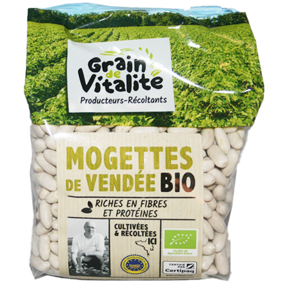 mogette de Vendée IGP et Bio, sachet transparent, producteur JM Daniau, logos vert et blanc AB Frabce et feuille européen, logo IGP bleu et jaune, produit de France (La chapelle-Thémer