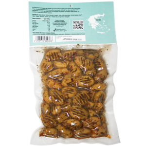 Les olives vertes bio grillées aux fines herbes, sont fermes et toastées. Gros calibres, olives charnues et originales. Produit Grec.