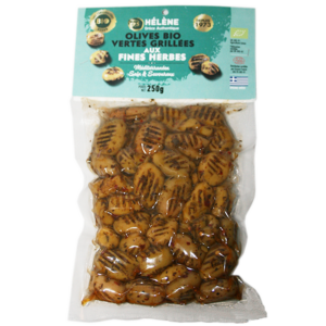 Les olives vertes bio grillées aux fines herbes, sont fermes et toastées. Gros calibres, olives charnues et originales. Produit Grec.