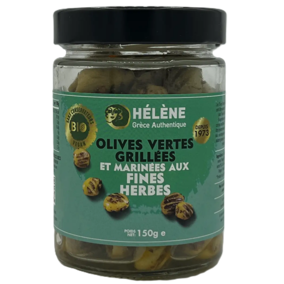 olives vertes grillées de Chalkidiki Bio aux fines herbes - Hélène Grèce authentique 150 g bocal de verre