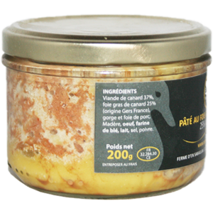 Pâté de canard au foie gras IGP avec 25% de foie gras. Viande de canard à foie gras du Gers IGP et foie gras. Produit fermier traditionnel du Sud-Ouest.