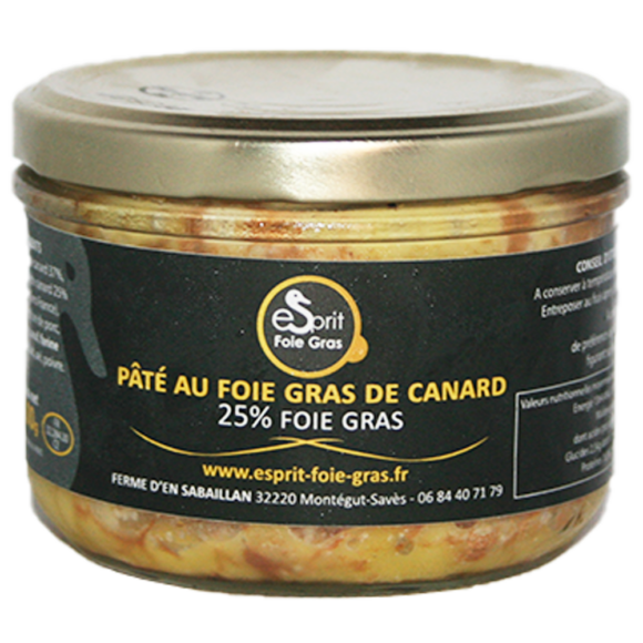 Pâté de canard au foie gras IGP avec 25% de foie gras. Viande de canard à foie gras du Gers IGP et foie gras. Produit fermier traditionnel du Sud-Ouest.