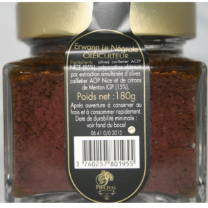 Pâte d'olive de Nice au citron de Menton, alliance subtile de produits typiques de la Côté d'Azur (olive de Nice AOP, citron de Menton IGP)