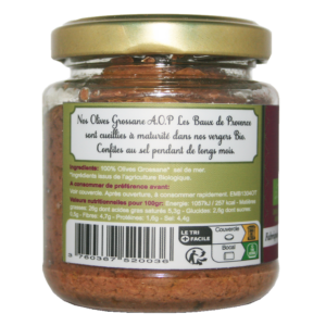 pâte d'olive noire Grossane de la vallée des Baux-de-Provence AOP, parfait pour l'apéritif. Jolie couleur marron, rouge. Parfum délicat et puissant
