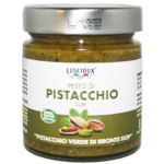 Pesto 60% Pistache verte de Bronte AOP. 60% de pistaches, huile de tournesol et soja, sel, poivre noir. Produit en Sicile, sur les pentes de l'Etna.