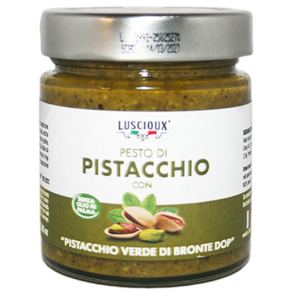 Pesto 60% Pistache verte de Bronte AOP. 60% de pistaches, huile de tournesol et soja, sel, poivre noir. Produit en Sicile, sur les pentes de l'Etna.