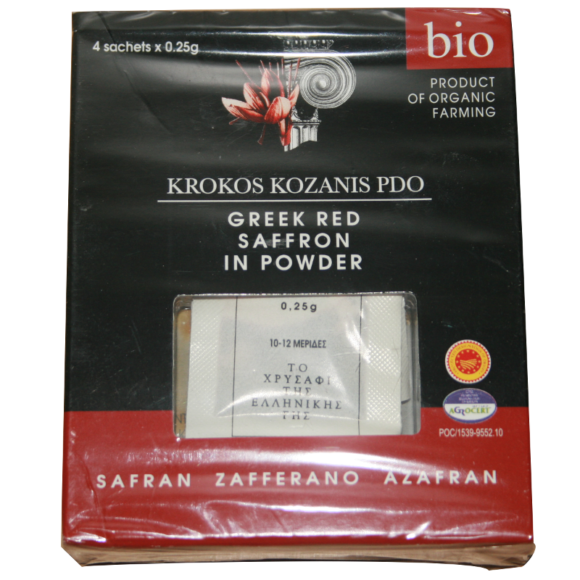 poudre de safran de Kozani AOP conditionné en sachets de 0,25 g