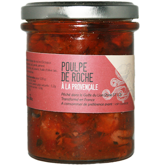 Poulpe de roche à la provençale. Poulpe péché dans le golfe du lion, prêt à déguster. Fondant, notes de tomates, d'huile d'olive et d'ail.