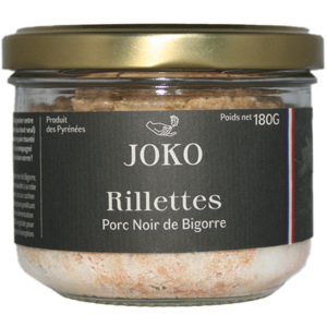 Rillettes de porc noir de Bigorre, conserve de 180g. Effiloché, bien grasses et délicates. Porcs élevés en plein air en haute Pyrénnées.