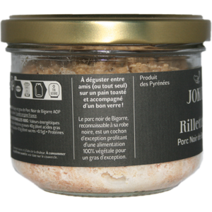 Rillettes de porc noir de Bigorre, conserve de 180g. Effiloché, bien grasses et délicates. Porcs élevés en plein air en haute Pyrénnées.