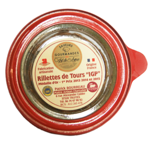 Rillettes de Tours IGP Verrine traditionnelle - format individuel couvercle Saveurs Gourmandes du Val de Loire - Couvercle Médailles d'or et d'argent du concours général agricole