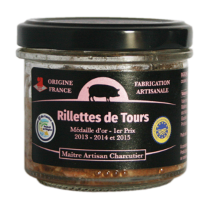 Rillettes de Tours IGP. Conserve de 80g, reflet des traditions de la région val de loire. Texture onctueuse et saveur puissante.