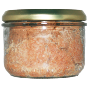 Rillettes pur canard à foie gras du Sud Ouest IGP au piment d'Espelette. Effilochées à la main, texture octueuse, goût délicat de canard légèrement relevé.