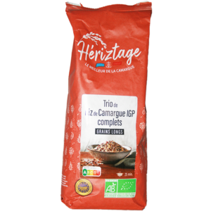 Riz de Camargue IGP trio long complet Bio : composé de 3 riz complets brun, rouge et noir. cuisson rapide, riz produit en agriculture biologique