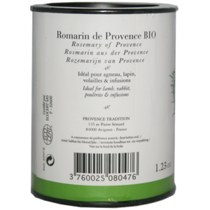 Romarin de Provence bio au parfum chaud légèrement boisé, feuilles entières séchées. Cultivé, séché et trié en Provence. Jolie boite.